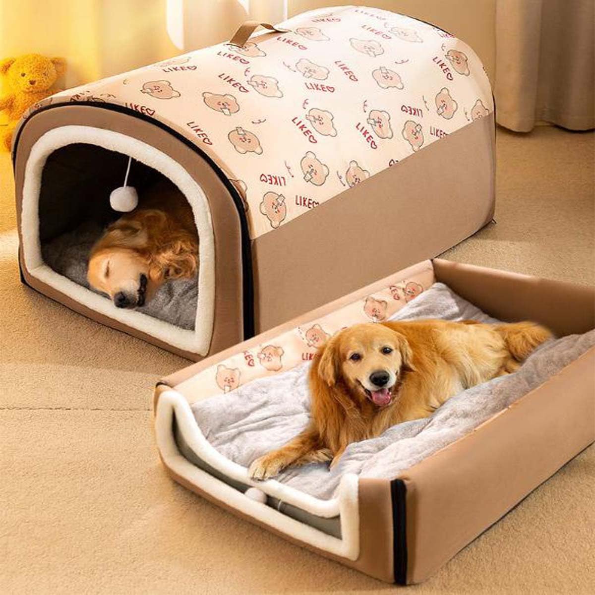 Warmaw 2-in-1 Hundehütte und Hundebett Indoor Faltbar Warm mit Weichem Kissen Rutschfest Waschbar für Hunde und Katzen