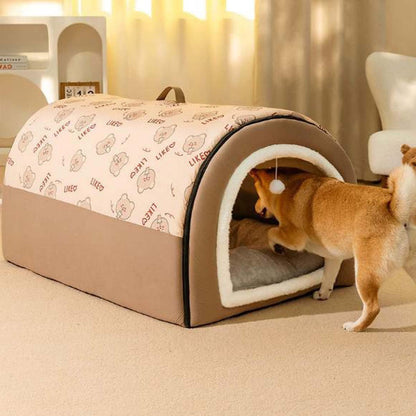 Warmaw 2-in-1 Hundehütte und Hundebett Indoor Faltbar Warm mit Weichem Kissen Rutschfest Waschbar für Hunde und Katzen