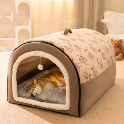 Warmaw 2-in-1 Hundehütte und Hundebett Indoor Faltbar Warm mit Weichem Kissen Rutschfest Waschbar für Hunde und Katzen