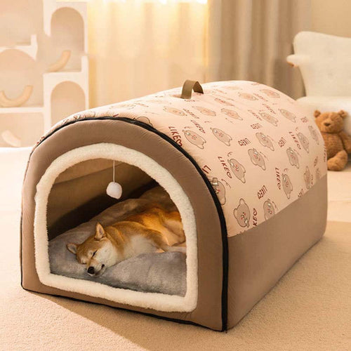 Warmaw 2-in-1 Hundehütte und Hundebett Indoor Faltbar Warm mit Weichem Kissen Rutschfest Waschbar für Hunde und Katzen