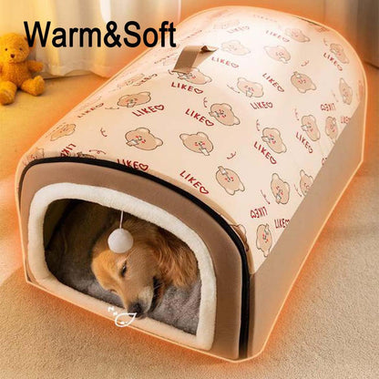 Warmaw 2-in-1 Hundehütte und Hundebett Indoor Faltbar Warm mit Weichem Kissen Rutschfest Waschbar für Hunde und Katzen