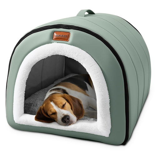Warmaw Selbstwärmendes 2-in-1 Hundebett Indoor Faltbar Haustier Iglu Bett mit Griffen Rutschfest Waschbar Salbeigrün Größe XL