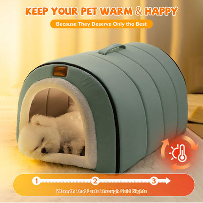 Warmaw Selbstwärmendes 2-in-1 Hundebett Indoor Faltbar Haustier Iglu Bett mit Griffen Rutschfest Waschbar Salbeigrün Größe XL