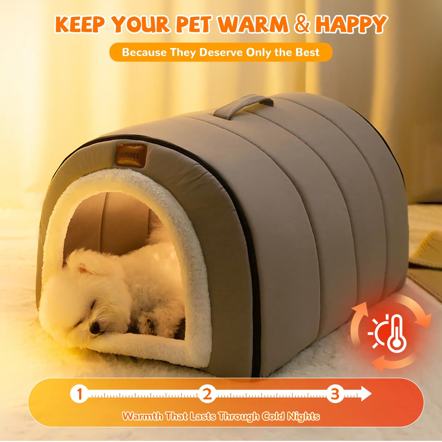 Warmaw Selbstwärmendes 2-in-1 Hundebett Indoor Faltbar Haustier Iglu Bett mit Griffen Rutschfest Waschbar Nebelgrau Größe L