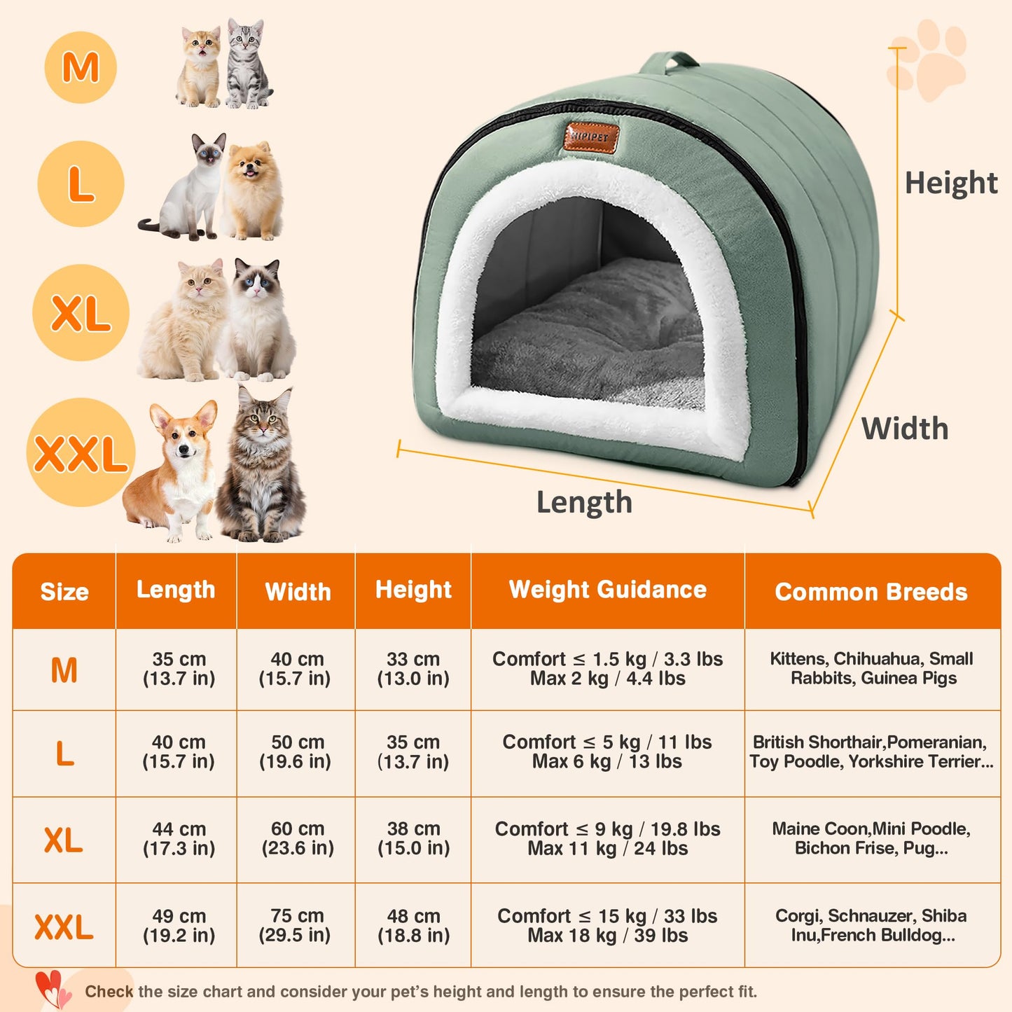Warmaw Selbstwärmendes 2-in-1 Hundebett Indoor Faltbar Haustier Iglu Bett mit Griffen Rutschfest Waschbar Salbeigrün Größe XL