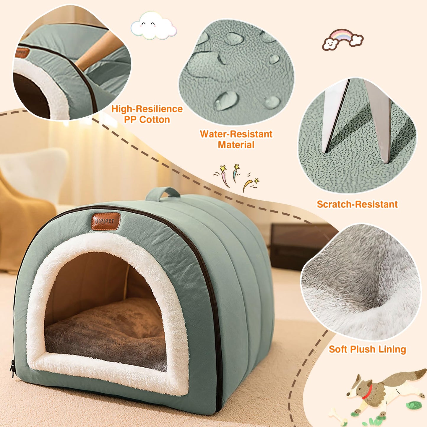 Warmaw Selbstwärmendes 2-in-1 Hundebett Indoor Faltbar Haustier Iglu Bett mit Griffen Rutschfest Waschbar Salbeigrün Größe XL