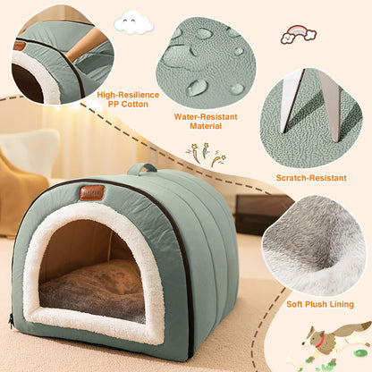 Warmaw Selbstwärmendes 2-in-1 Hundebett Indoor Faltbar Haustier Iglu Bett mit Griffen Rutschfest Waschbar Salbeigrün Größe XL