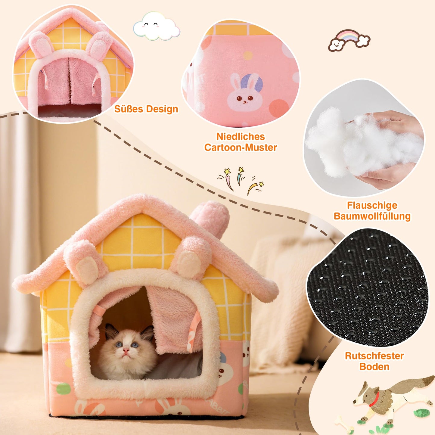 Warmaw Hundehaus für Drinnen Faltbare Hunde und Katzenhöhle Warmes Indoor Haustierbett Waschbar mit Abnehmbarem Kissen Rosa M