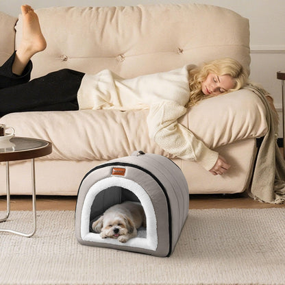 Warmaw Selbstwärmendes 2-in-1 Hundebett Indoor Faltbar Haustier Iglu Bett mit Griffen Rutschfest Waschbar Nebelgrau Größe L