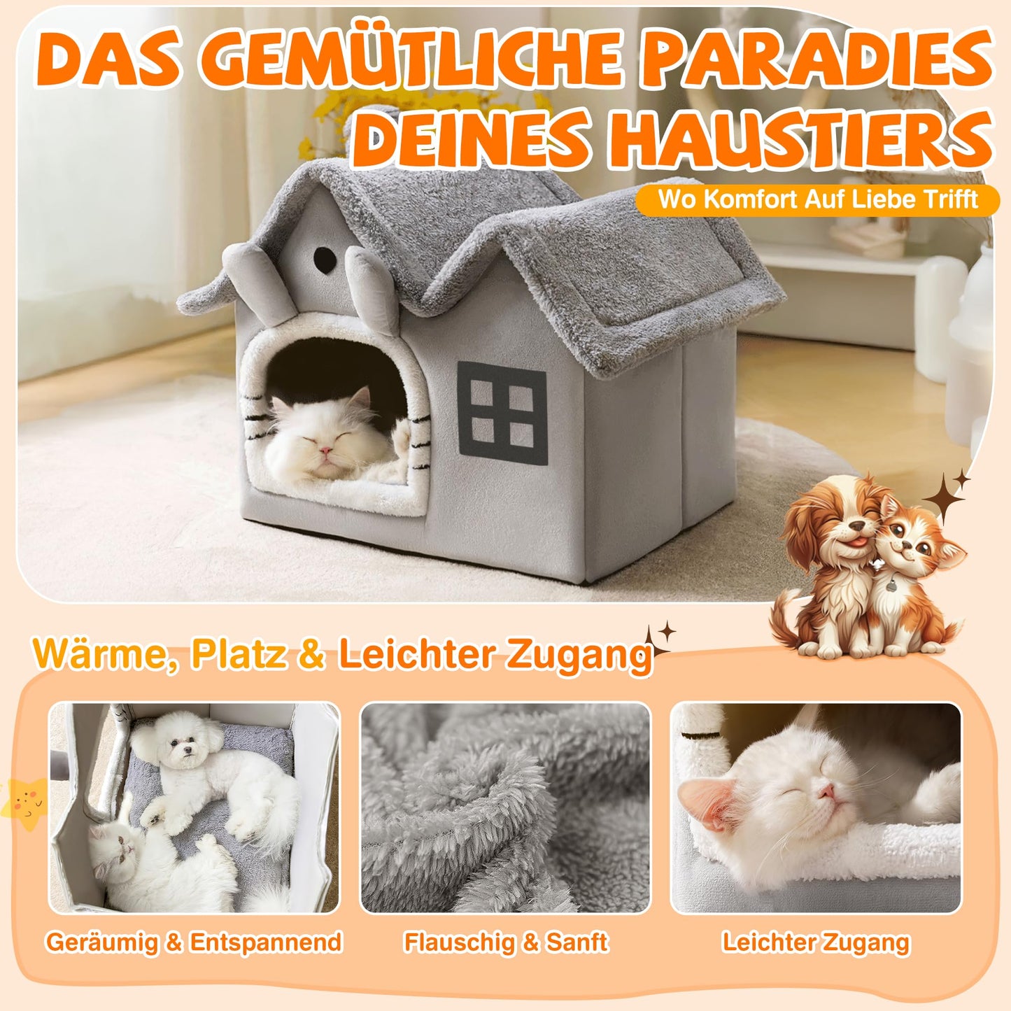 Warmaw Katzenhaus und Hundehaus Indoor Faltbare Hundehöhle mit Dach Warm Waschbar mit Abnehmbarem Kissen Grau Größe L