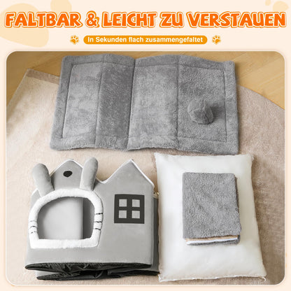 Warmaw Katzenhaus und Hundehaus Indoor Faltbare Hundehöhle mit Dach Warm Waschbar mit Abnehmbarem Kissen Grau Größe L