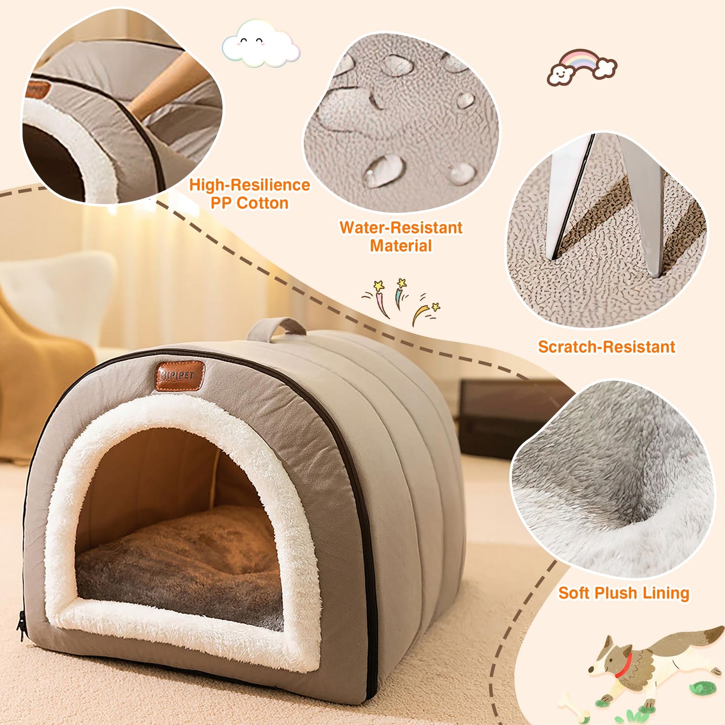 Warmaw Selbstwärmendes 2-in-1 Hundebett Indoor Faltbar Haustier Iglu Bett mit Griffen Rutschfest Waschbar Nebelgrau Größe L