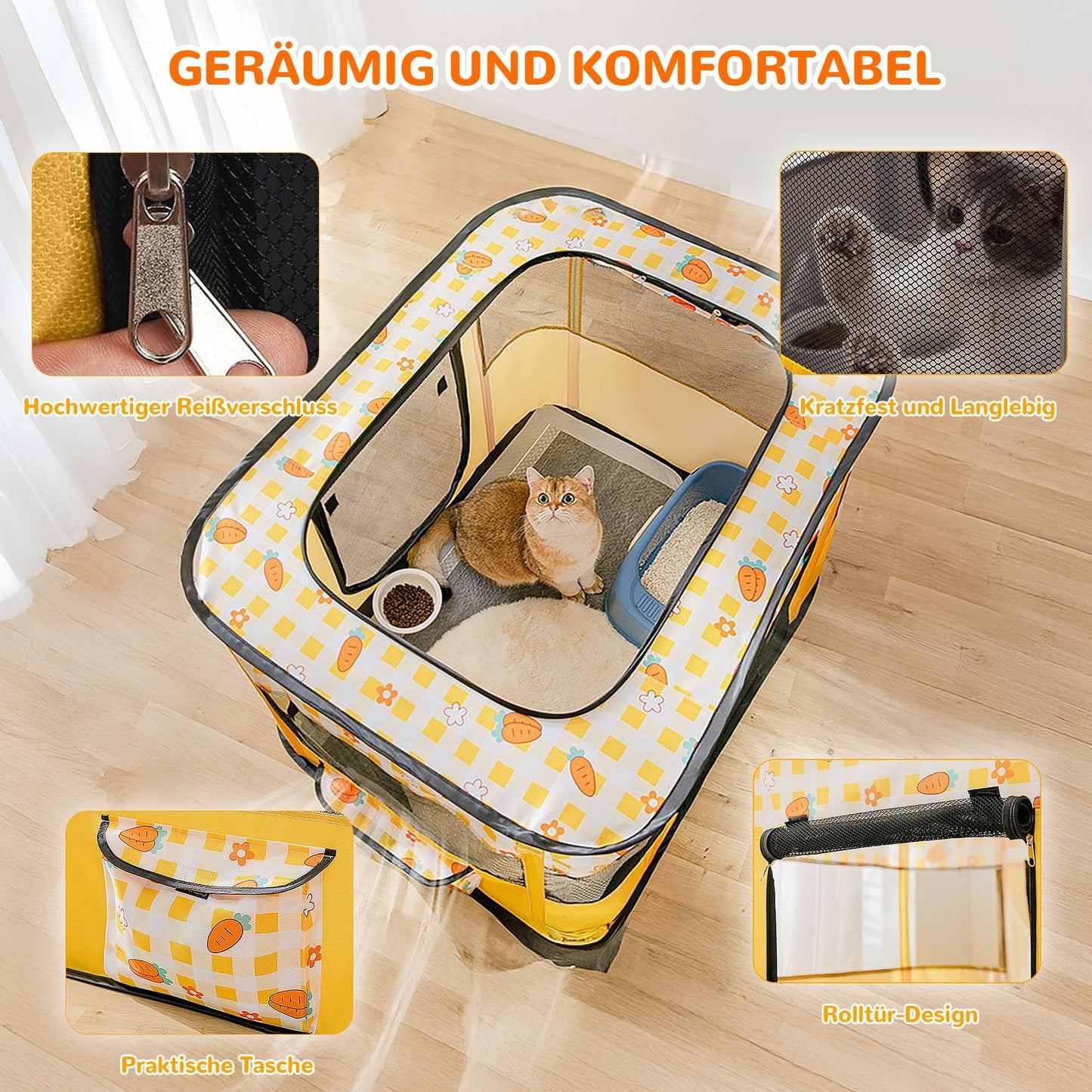 Warmaw Welpenauslauf Faltbarer Laufstall für Hunde und Katzen Tragbar mit Transporttasche Indoor Outdoor Reisen Camping Gelb Größe XL